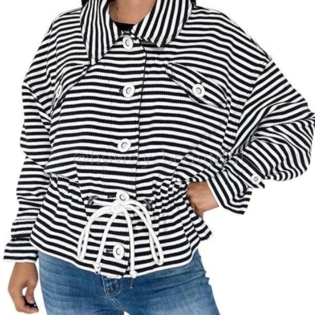 Cabi #5654 Blue/White Nautical Striped Knit Harbor Jacket Size Small